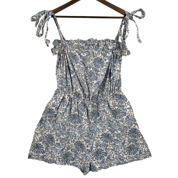 H&M Floral Botanical Whimsical Romper Ruffle Romantic Blue Ivory Size 10 - Picture 1 of 6